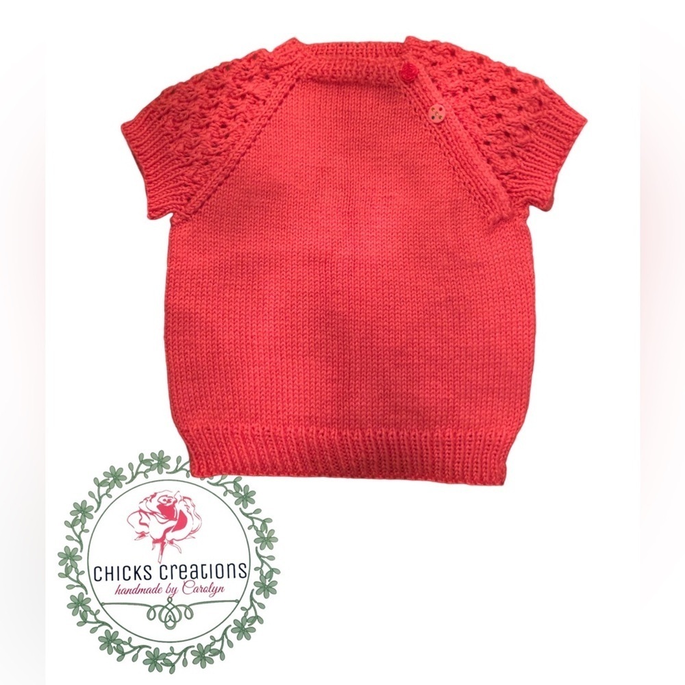 Hand Knit Toddlers Pullover w/Lace Pattern Sleeves, Hot Coral Pink, NEW Size 4-5